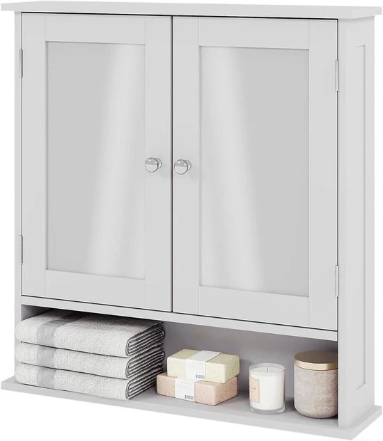Cassa da bagno con specchio e porte - Montaggio a parete - 1 pezzo - Bianco - Legno