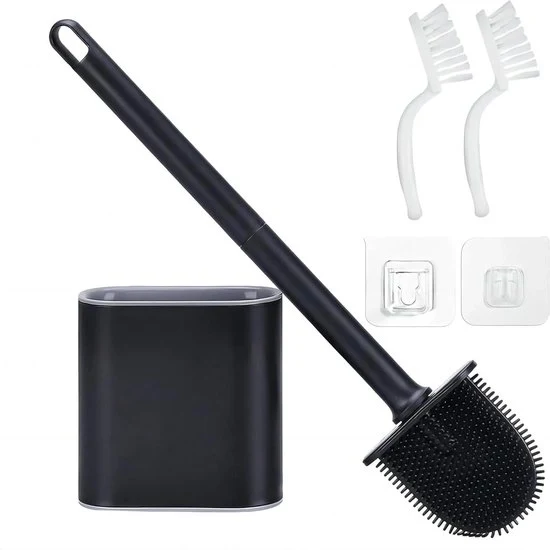 Borsetto per wc in silicone con 2 setole di pulizia - nero, fissaggio alla parete/da appoggiare, asciuga velocemente