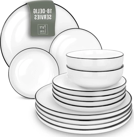 Set da tavola per 6 persone in stile Scandi - Piatto da portata in porcellana bianca 18 pezzi - Adatto per lavastoviglie e forno a microonde - Set di piatti elegante - Eseguibile servizio da tavola - piatti in porcellana Cool plate