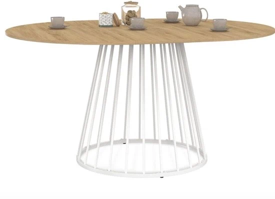 Tavolo da Cucina e da Pranzo Rotondo 110-150 cm – Tavolo Industriale per 4-8 Persone – Superficie in Legno e Piedistallo in Metallo Bianco – Cucina Moderna / Tavolo da Pranzo Rotondo