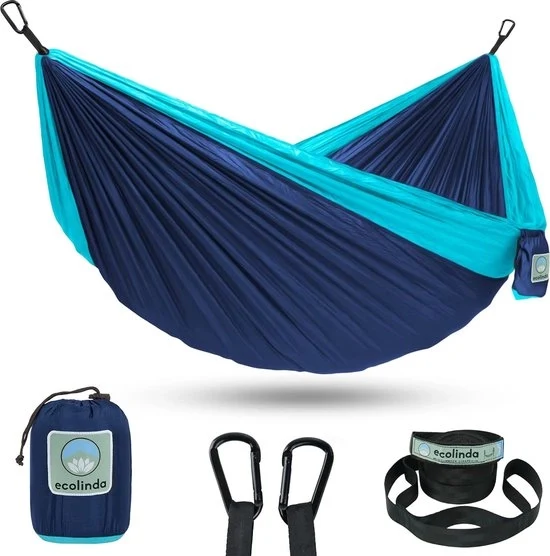 Hammock da 2 persone per esterno - Nylon Parachute ad alta velocità, Hammock da campeggio per viaggi con capacità di carico 225 kg - Blu Marina, 305 x 200 cm