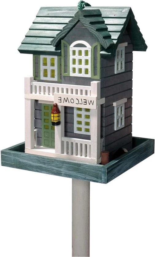 Casa per uccelli colorata - Casa per uccelli con base standard - 1 pezzo - Verde - Legno - 18 x 18 x 123 cm