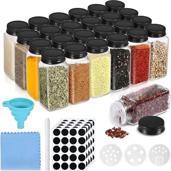 Set di contenitori per erbe - 120 ml - contenitori di vetro per spezie - rettangolari - contenitori per erbe - set con ciotola di silicone - scatola per erbe - etichette per erbe - accessori da cucina - accessori da cucina - nero