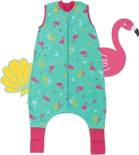 Sacco da lettura per bambini biologico con piedi - estate 1 TOG - 60 cm - sottile - flamingo - maniche allungate - 100% cotone biologico sacco idrofilo