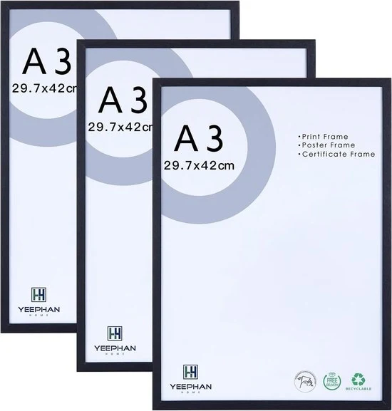 Set di 3 lastre da foto A3 - nero - legno massello - 29,7 x 42 cm