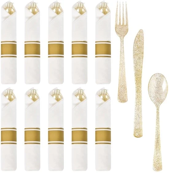 Set di posate in plastica giallo - design elegante - confezione da 10 - BPA libero