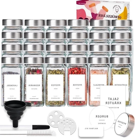 Set di contenitori per erbe 24 pezzi 120 ml - etichette tedesche - applicatore a getto - coperchi in acciaio inossidabile - conservazione delle erbe