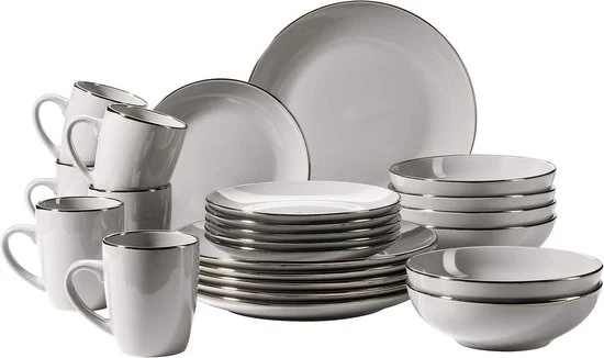 Set da tavola 12 posti con bordo dorato per 6 persone, 24 pezzi con forme a coppa senza bordo, ceramica grigia.