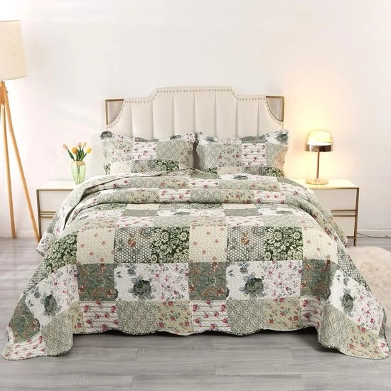 Set di coperte leggere - stile pastorale - 3 pezzi - verde con fiori - 220x230 cm
