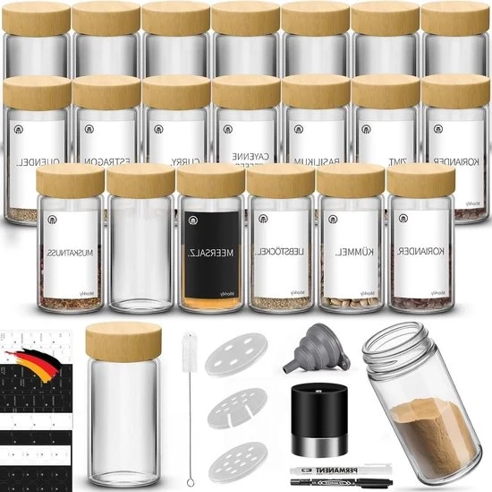 Set di contenitori per erbe in legno di bambù con coperchio di alta qualità, 24 pezzi, 120 ml, con set di accessori per strozzare, set di etichette e contenitore per il raccogliere erbe, per l'organizzazione della cucina e la conservazione delle erbe.