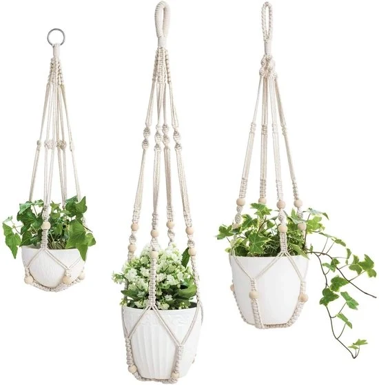 Set di 3 cesti per piante in macramé - Filo di cotone - Sospesi per interni