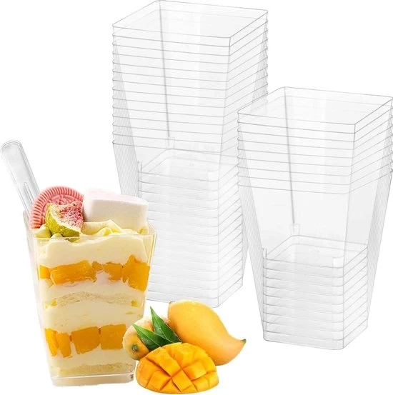 50 Dessertbekers in Plastica - 5oz/150ml - Con Cucchiai - Mousse Pudding - Feste di Compleanno Matrimoni - Partite di Tiramisù