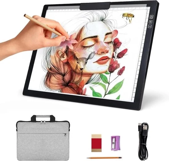 Tavolo di disegno portatile A4 con zaino - Batterie - Pannello di luce LED funzionante - 6 livelli di luminosità - Tavolo di luce per disegnare - Pannelli di diamante - Cassetta di animazione per il teatro di figura