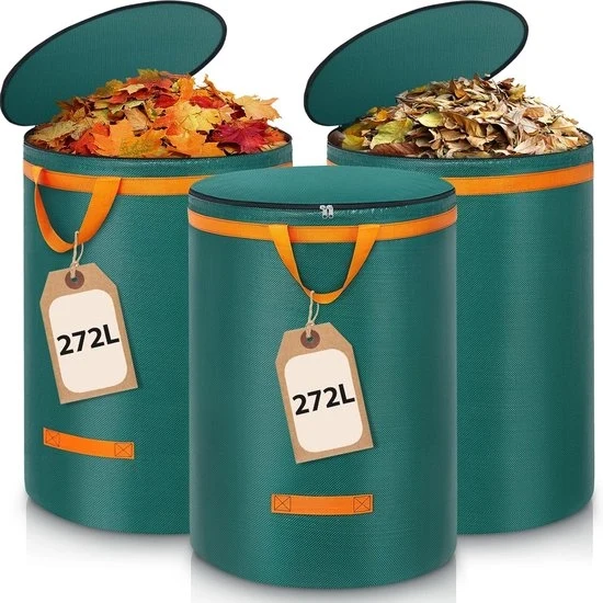 Set di 3 Sacchi di Rifiuto – 272 Litri – Sacchi Rigidi con Coperchio e Maniglie – Autoportante – Verde