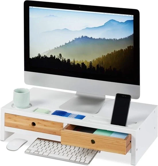 Sostegno per monitor in bambù standard 2 sloti elevatore per schermi laptop e computer - bianco - dimensioni 14x60x30 cm