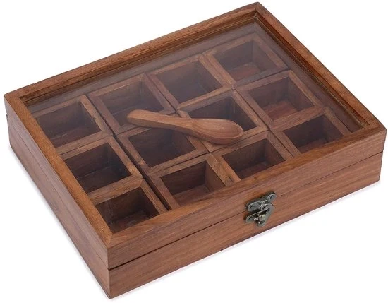 Dabba per Spezie - 12 Compartimenti - Costruzione in Legno - 25,5 x 19,5 x 6,3 cm