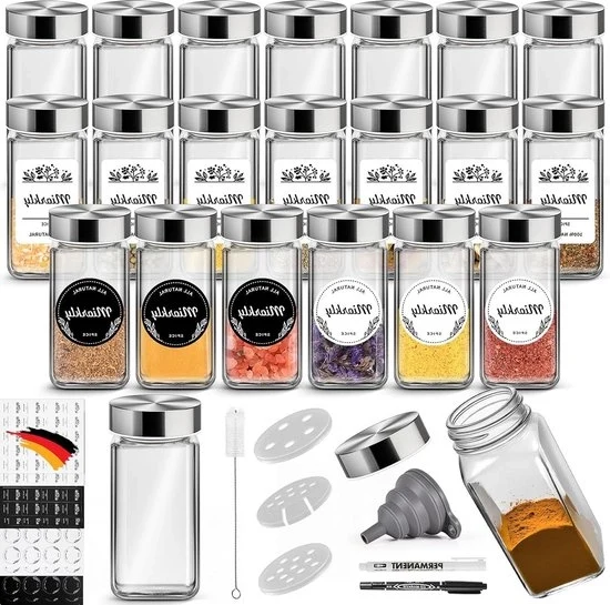 Set di 24 Piccoli Vasi per Erbe in Vetro con Sticker - 120 ml - Coperchio in Acciaio Inossidabile - Accessori per Spolverare - Vaschetta per Erbe con Sticker