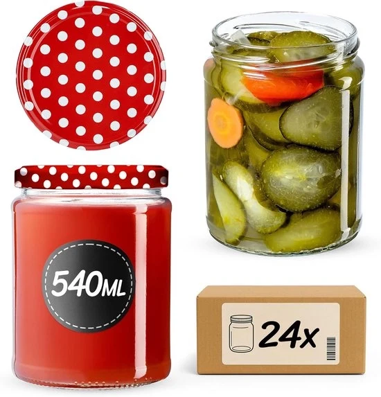 Set di 24 Pentole di Conservazione in Vetro 540 ml – Pentole Ronde con Coperchio a Viti – Coperchio a Rasoio Rosso – Erettore per Jam, Verdure e Frutta