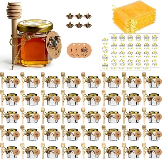40x Mini honingpotjes 45 ml – Kleine glazen potjes met honinglepel en bijenhanger – Mini honey jars als cadeau voor babyshower, bruiloft of feest