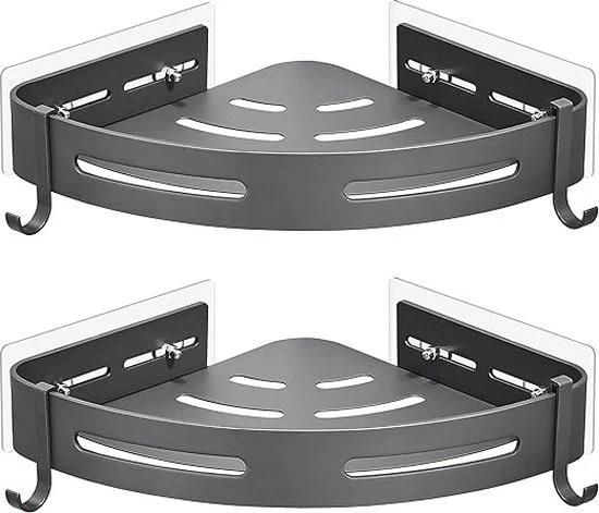 Badkamer Hoekplank Zonder Boren,Zelfklevende Douchemand met 4 Haken, Roestvrij Aluminium Opslag Plank, Muur Gemonteerde Douche Organisator voor Badkamer Accessoires, Grijs, 2 Stuks
