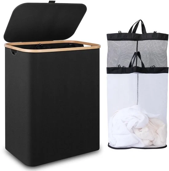 Wasmachine grande con 2 compartimenti - 150 litri - pieghevole - maniglia in bambù
