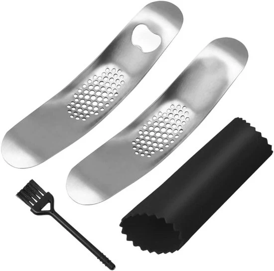 Set di Aglio - Trituratore di Aglio RVS - 2 pezzi - con spazzola e schiacciafilo