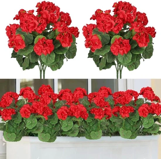 Geranio artificiale - 4 fasci - per interni ed esterni - rosso - seta