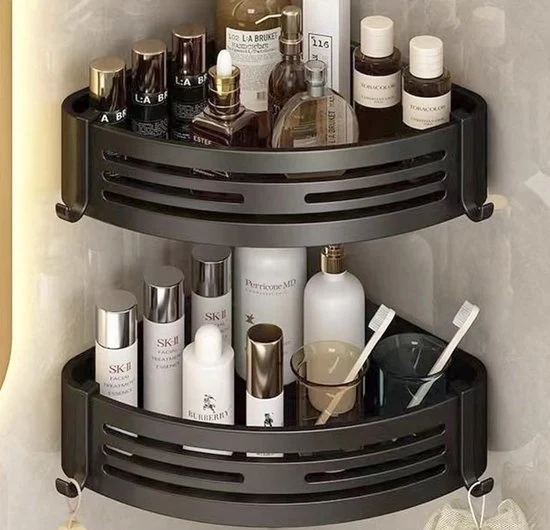 Organizzatore per la doccia senza forare nero – Scatola di appoggio per la doccia con 4 ganci – Organizzatore per la doccia in alluminio – Impermeabile e inox – Scatola di appoggio per la doccia con bordo alto