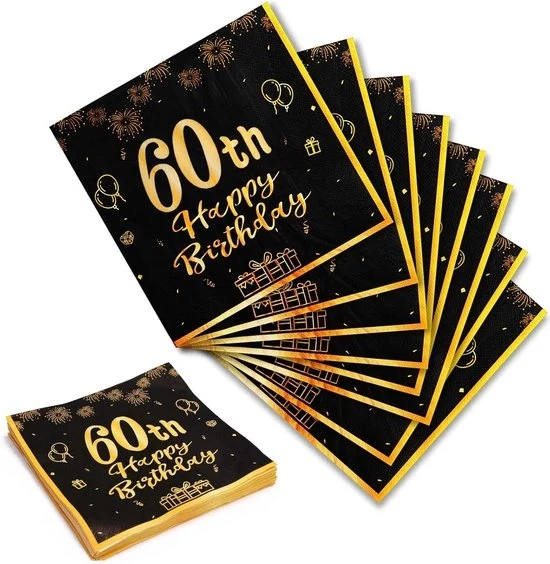 Servizio di compleanni 60 tovagliolini 20 pezzi nero oro - tovagliolini di carta - 33 cm x 33 cm - decorazione di compleanno - accessori da festa - decorazione da tavola - contenuto HTML tovagliolini di carta