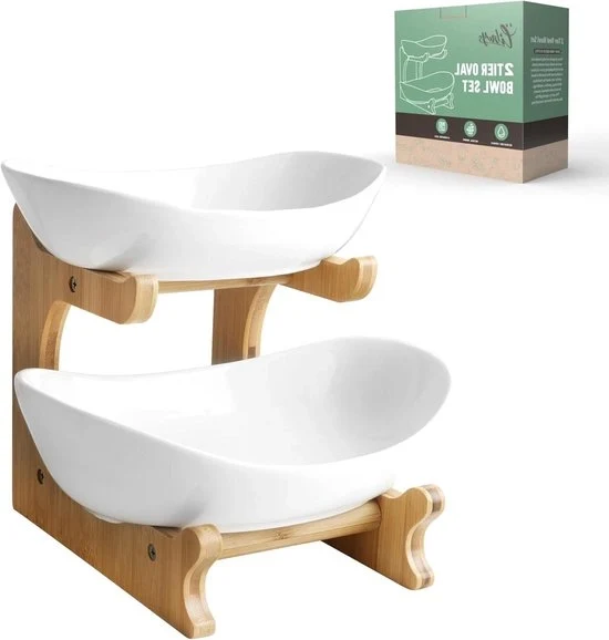 Etagère a doppia pianta con piatto da frutta in ceramica - tavolo da servizio in bambù con piatto da frutta Specifiche tecniche: - Piatto da frutta in ceramica - Materiale: bambù - Modello: Fruitschaal