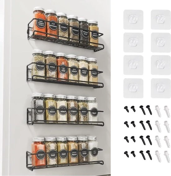 Set di organizzatori per spezie da appendere - 4 pezzi per la parete - senza perforazione - organizzatore per la cucina - ripiano per spezie da appendere per la cucina - 29 x 6 x 65 cm
