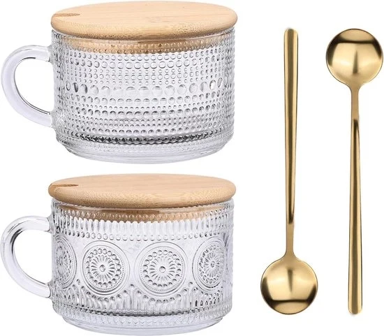 Set di Tazze da Tè in Vetro Vintage con Maniglie in Legno di Bamboo per Cappuccino e Latte - Tazze per Colazione e Cereali - Regalo di Compleanno e Natale