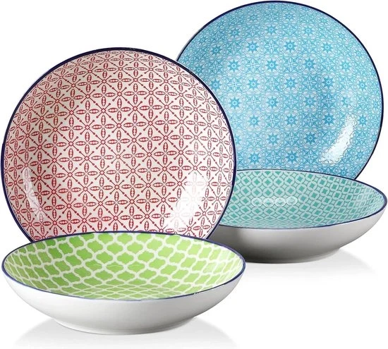 Set di 4 Piatti Profondi in Stile Giapponese - Bicchieri per Pasta in Ceramica - Insalata di Zuppe Colorate - Piatti Profondi 21.5 x 4.5cm Piatto Freddo