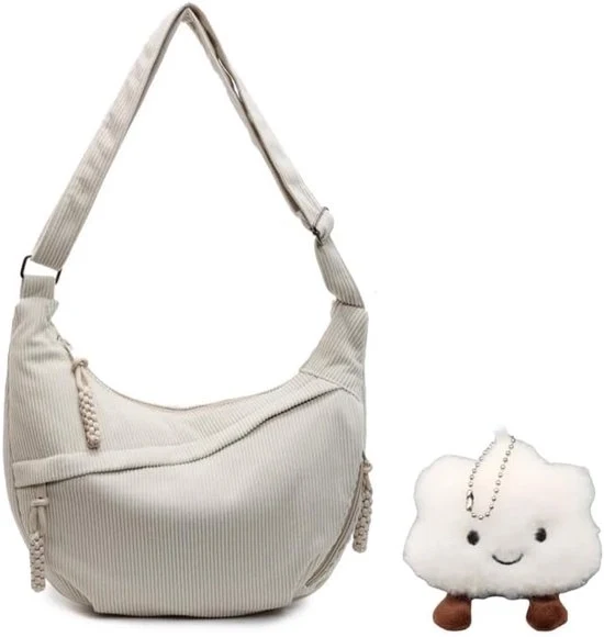 Borsa a Tracolla in Corduroy Grande - Tasca a Spalla per Donna - Bianco Riso - Spaziosa