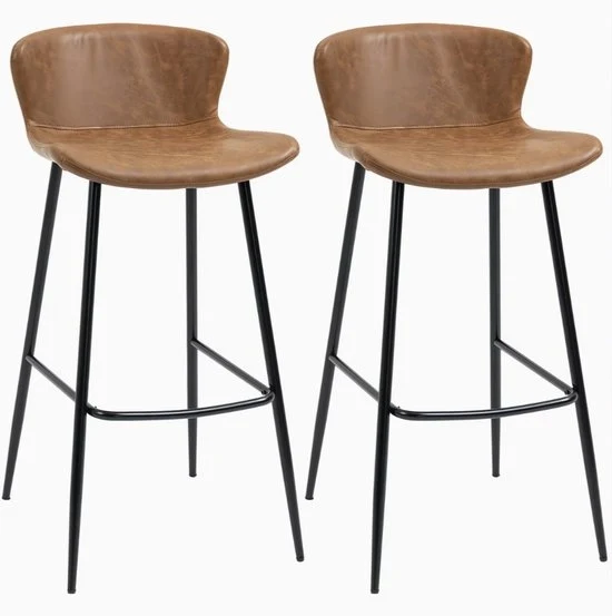 Set di 2 Sedie da Bar con Pelle Pelle, 76 cm, Sedia in Pelle PU, Supporto in Acciaio e Rivestimento in Pelle Vintage - Marrone