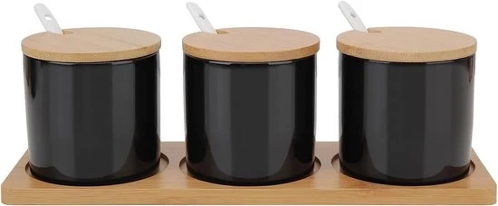 Tazza da zucchero in ceramica con coperchio in bambù - Moderna e funzionale - Nero