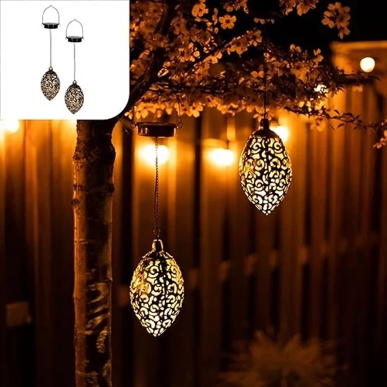 Lanterne Orientali Sospese - Set da 2 - Bronzo Scuro/Dorato - Metallo - Illuminazione Esterna a LED - Energia Solare - Resistenti all'Acqua