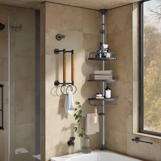 Pannello doccia - Altezza regolabile - organizzatore angolare per la cabina doccia - Resistente alla ruggine - 95-300 cm x 7 cm - argento nero