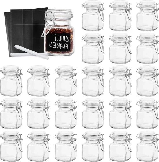 Set di 24 contenitori di erbe in vetro con coperchio a vite - Set di 24 (100ml) - Incluso pennello e etichette - Contenitori ermetici per conservazione di spezie alimentari - Contenitori in quercia e acciaio
