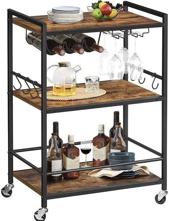 Carrello da Cucina su Ruote - Servizio da Tavola - Trolley - Piccola Tavola da Appendere su Ruote - 3 Scansioni con Ganci e Accessori da Vino - Miele