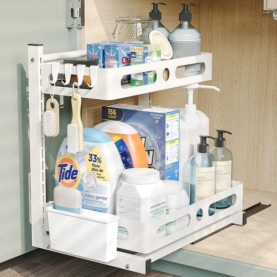 Organizzatore per cucina sotto il lavello, Organizzatore a 2 livelli per armadietto cucina, Piastra cucina, Sotto il lavandino rack, Organizzatore slitta per cucina/bagno, Altezza regolabile, Bianco