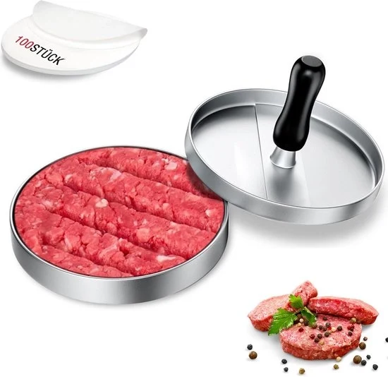 Hamburgerpers in acciaio inossidabile con 100 fogli di carta per cottura - Antisudatura - Hamburger maker 12 cm - Per carne, formaggio, hamburger vegan e smash burger