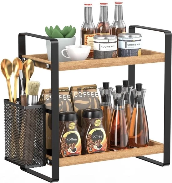 Organizzatore per barista in legno 2 strati con ciotola per caffè stazione per tazze accessori e griglia per spezie marrone