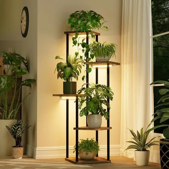 Pianta ad alta crescita con lampada per crescita - 5 pannelli laterali a angolo basso per interni - supporto per piante in metallo e legno per soggiorno, camera da letto, giardino o balcone
