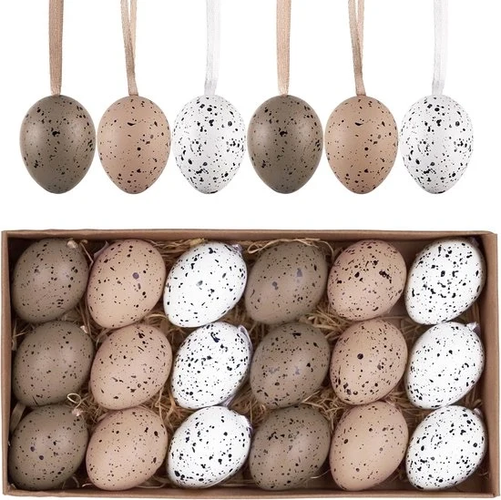 18 Decorazioni di Pasqua per Appendere – Mini Uova di Pasqua Artificiali 4 cm – Marrone/Bianco – Decorazione di Pasqua per Borse, Primavera e Pasquetta