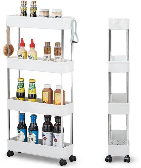 Carrello da cucina a 4 livelli - Mobile archiviazione multifunzionale - Su ruote - 1 pezzo - Plastica - 40 x 13 x 86 cm