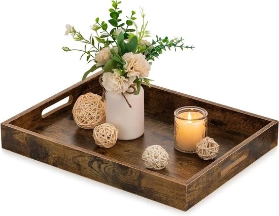 Dienblad rustico in legno marrone con maniglie - tavolo decorativo rettangolare per salotto tavolo da soggiorno - arredamento di stile ottomano per tavolo da cucina - dienblad quadrato 70x70 cm