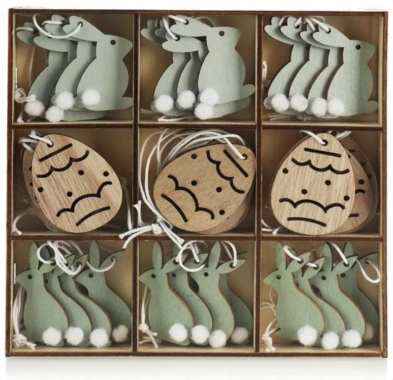 Decorazioni di Pasqua in legno - Set di 36 ornamenti per bouquet di Pasqua - Misto verde