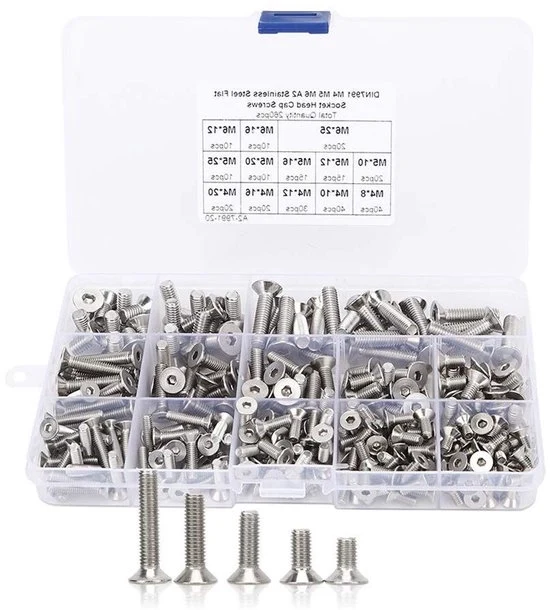 Set di viti in acciaio inossidabile con testa sottacqua, 260 pezzi, M4M5M6, con set di bit per viti a spinta interna.