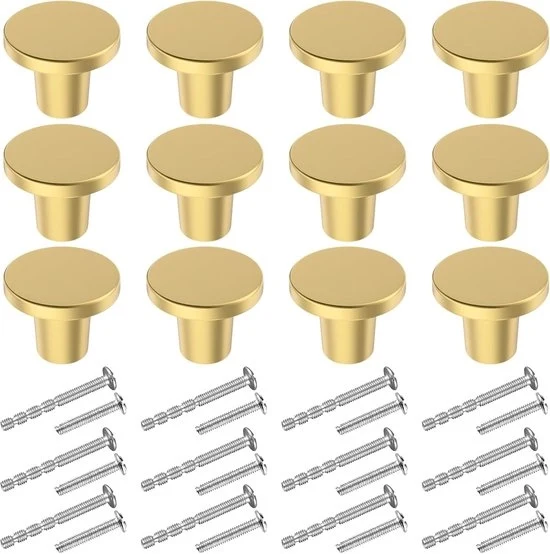 Pomelli di Caricamento - Maniglie Ronde per Cucina e Comodino - 12 Pezzi - Oro - 20 x 25 mm